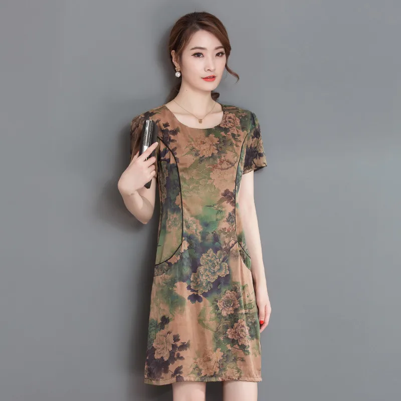 

Long Middle Summer Dress Red Vintage Dress Plus Size 5XL Silk Printing Slim Women Dresses Short Sleeve Vestidos De Verano FYY308