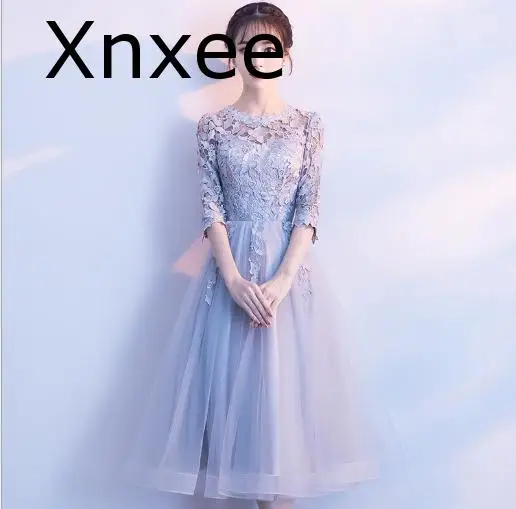 Xnxee Половина рукава Роскошные кружевные аппликации Бисероплетение чай Длина платья размера плюс
