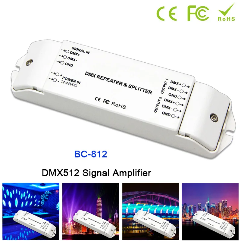 BC-812 DMX512 повторитель мощности сигнала DMX усилитель мощности от 1 до 2 каналов выход DMX разветвитель мощности DMX контроллер для светодиодов, DC12V-24 В