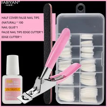 100 шт натуральные/прозрачные/ белые половинные покрытия, акриловые французские для ногтей+ клей пилка резак фрезы для маникюра маникюрные набор инструментов Полировочная маникюр дизайн ногтей наборы