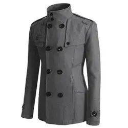Новинка 2019, шерстяное пальто, мужское зимнее теплое шерстяное пальто, мужские одноцветные двубортные куртки с воротником-стойкой