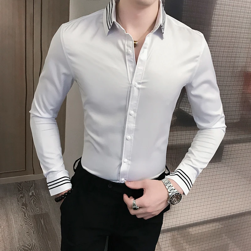 Мужские белые рубашки британские Vestido Camisa с длинными рукавами рубашки для мужчин осенние вышитые мужские ретро рубашки Бизнес Тонкий платье