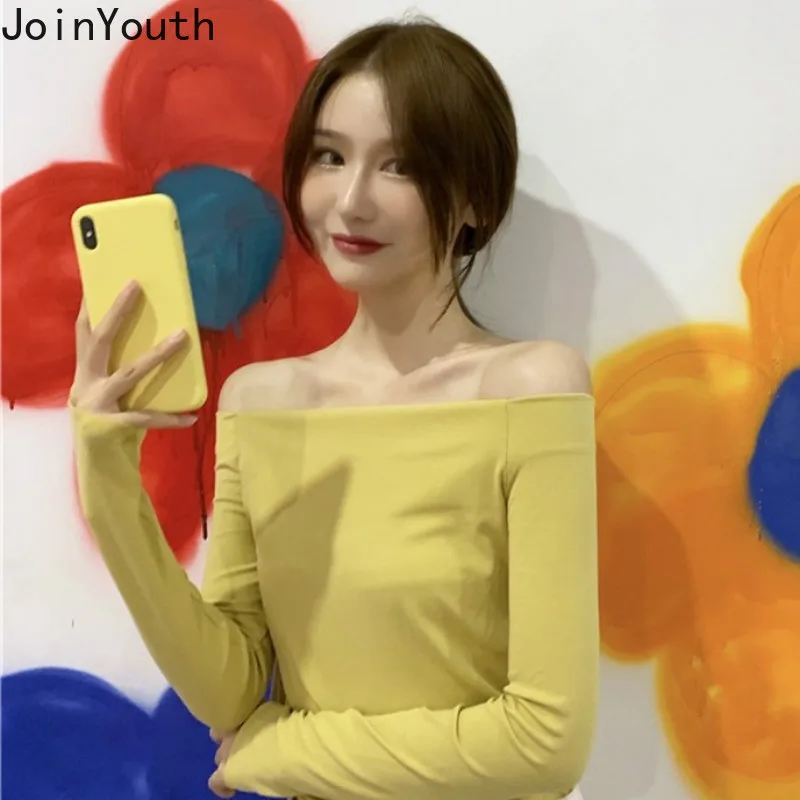 Женские рубашки Joinyouth,, корейские, с вырезом лодочкой, однотонные, стиль Харадзюку, рубашка дикая, женские топы, модная новинка, ropa mujer, женская футболка s, 215