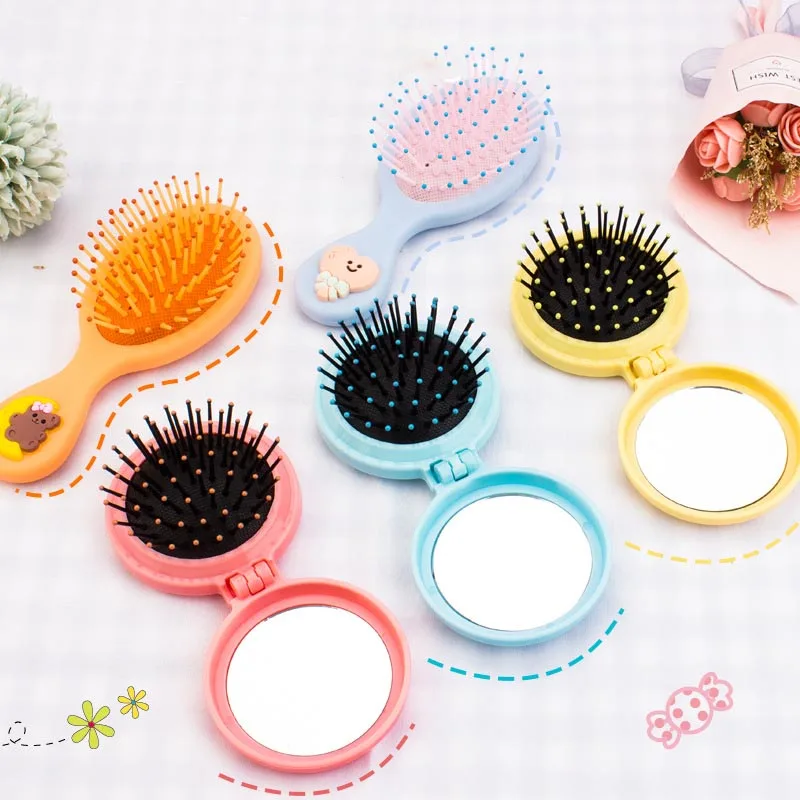 New Girl Cute Portable Mini Folding Massage Hair Comb Airbag Round Travel Hair Brush With Mirror Anti-static Hair Accessories