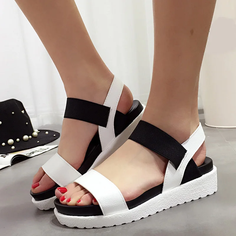 

Women Sandals Slip On Elastic Band Peep Toe Female Summer Shoes Platform Flat Roman Sandals Ladies Comfortable Footwear F026