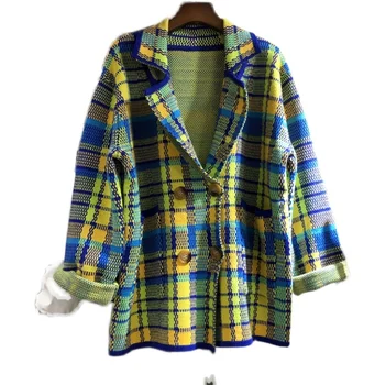 

LANMREM green and yellow contrast color plaid double-breasted turn-down collar knit autumn blazer for female fashion tide 2A1301