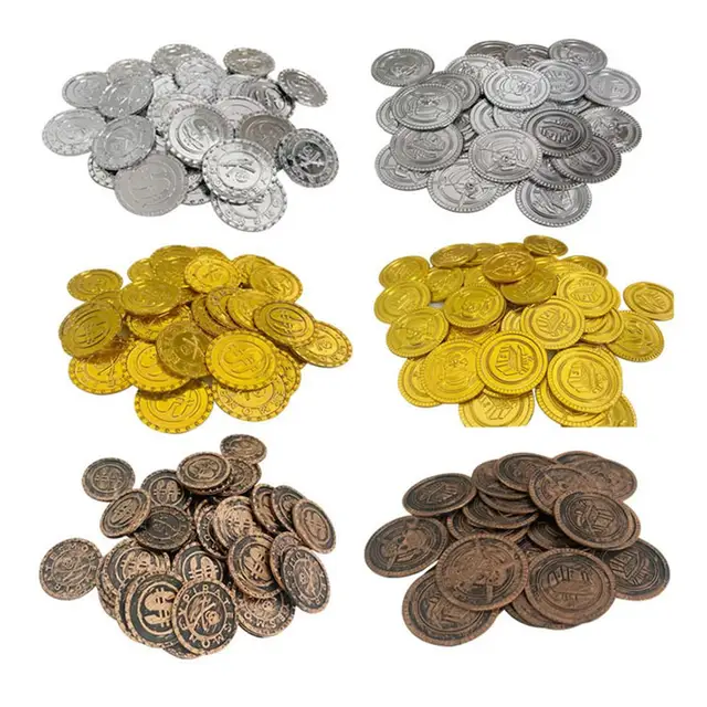 100pcs Pirates Gold Coins Plastic Gold Coins Props Game Accessary Funny Playing Toys For Kids Children Golden Silver Bronze Coin 1
