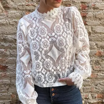 

Sexy Women Autumn Long Sleeve Stand Collar Hollow out See Through Lace Blouse Stand Collar Hollow out See Through Lace Blouse