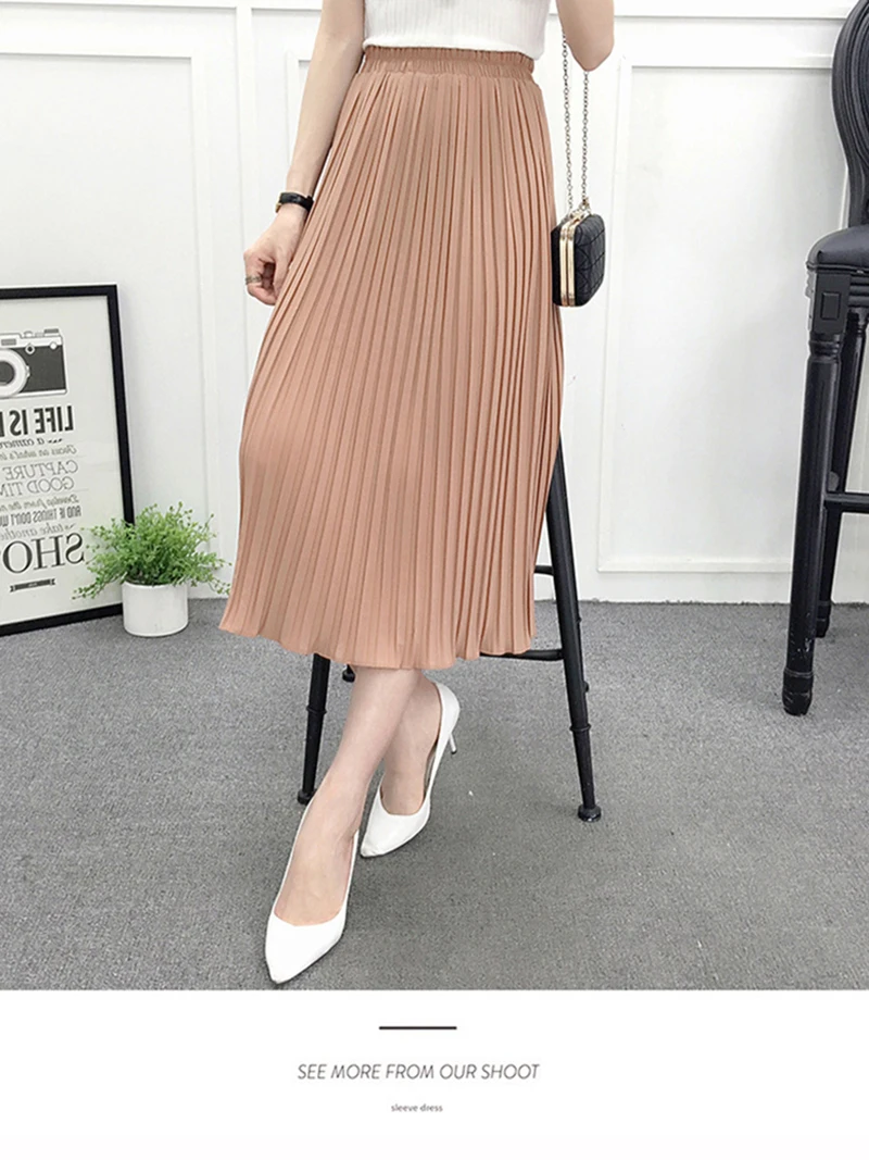 2020 Women pleated skirt high waist casual chiffon skirt female fashion cute spring summer elegant midi skirt women new DR1464 (1)