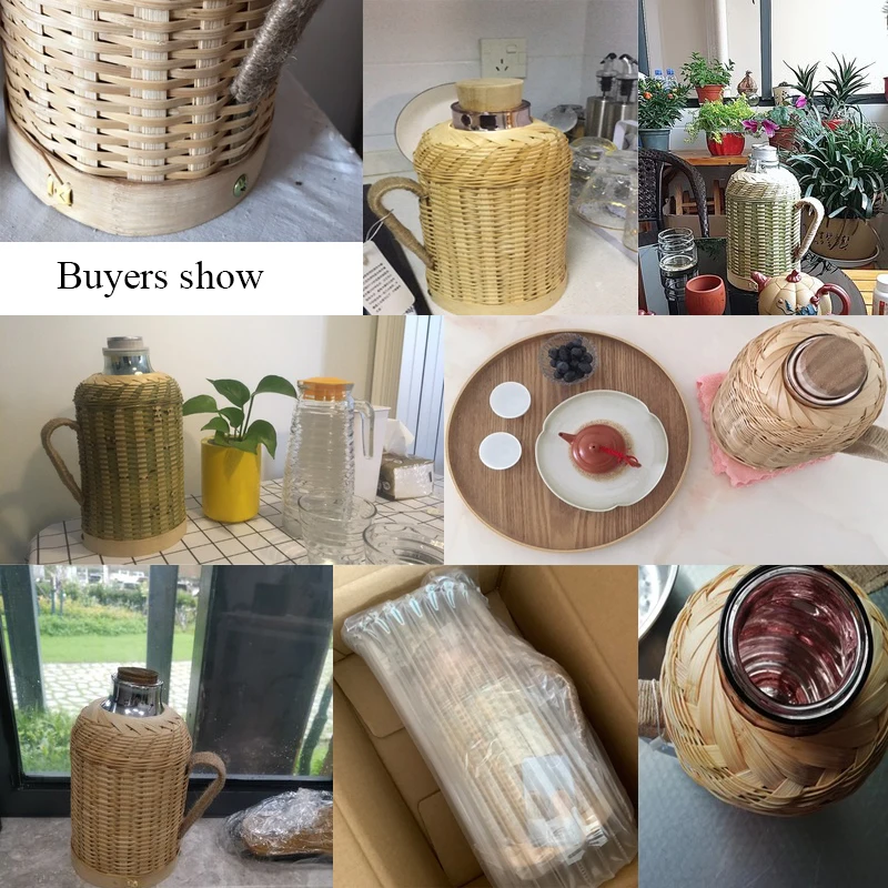Handmade Bamboo Weaving Thermos Pot Bottle For Water With Cork Lid Cover And Handgrip Vacuum Flask Keep Warm Glass Inner Large