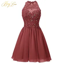 Короткое Темно-красное платье для выпускного вечера Мини с бисером и кружевной аппликацией vestido de formatura с открытой спиной и лямкой на шее выпускное платье