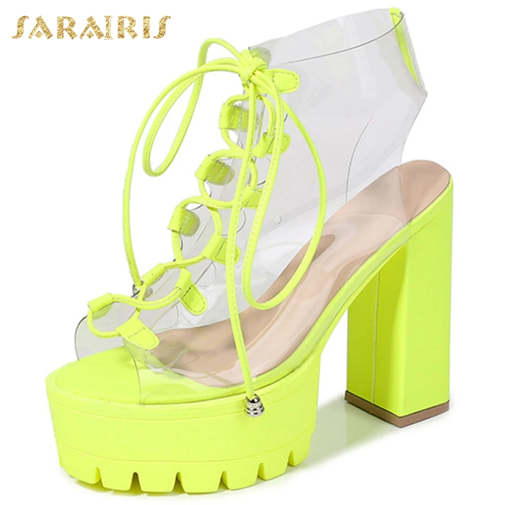

Sarairis 2020 New Design PVC INS Hot Sandals Woman Shoes Square High Heels Platform Lace Up Summer Shoes Women Sandals Lady