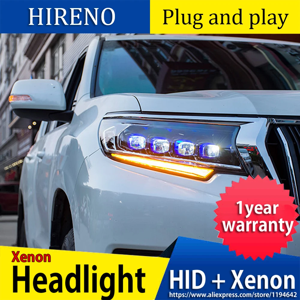 Hireno автомобилей налобный фонарь для Toyota Prado все светодиодный фары светодиодный дальнего света светодиодный ближнего и дальнего света с динамический сигнал поворота