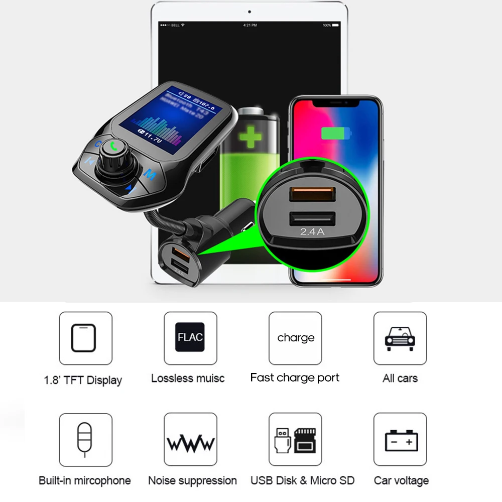 Multi-function BT5.0 T43 Car MP3 Player FM Transmitter Dual USB Chargers Support Hands-free TF Card U Disk Music Play Auto Part