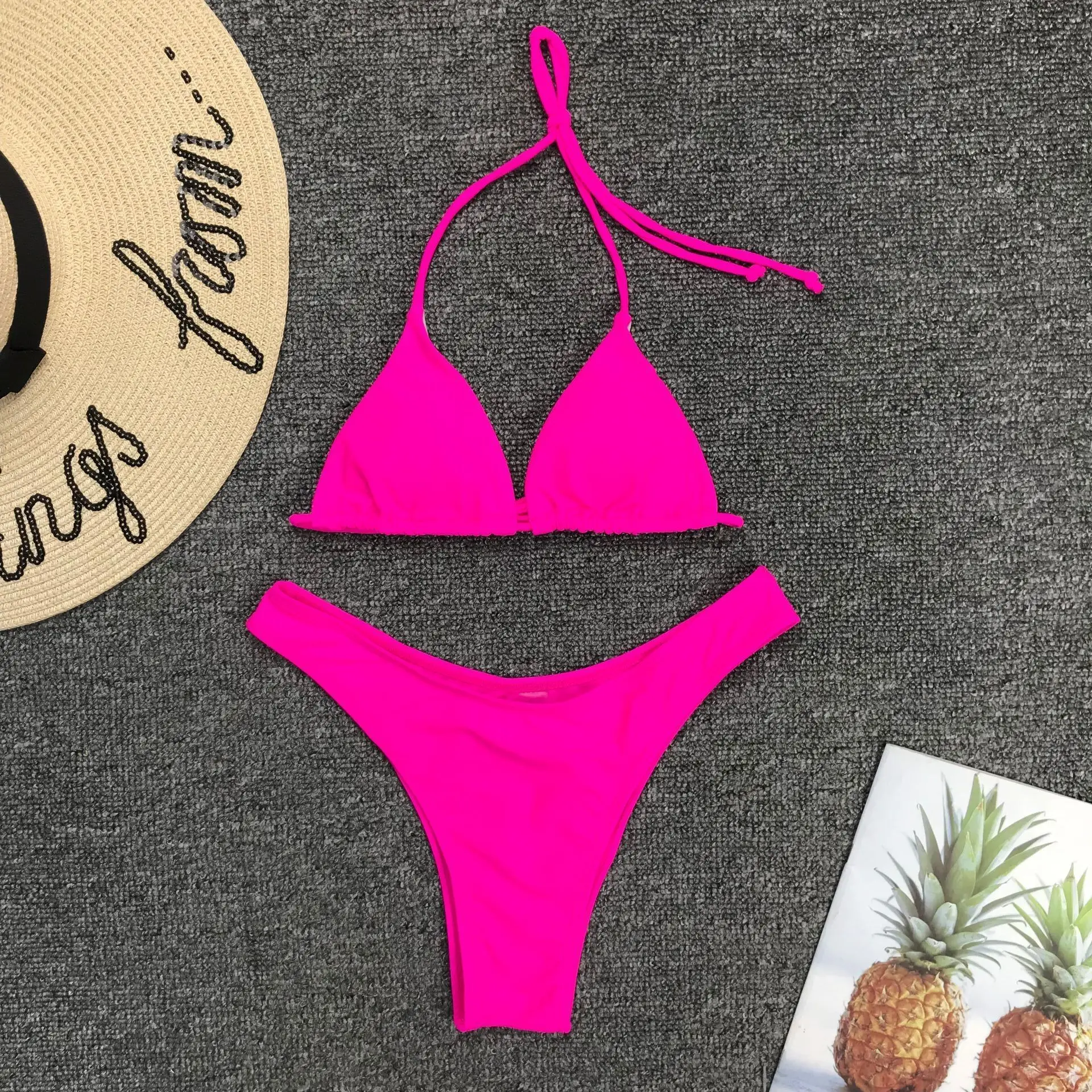hot pink Неоновые желтые стринги, бикини, стринги, микро купальник, треугольник, пуш-ап, бюстгальтер, купальник, сексуальный, с вырезами, купальник, бразильское бикини - Цвет: hot pink