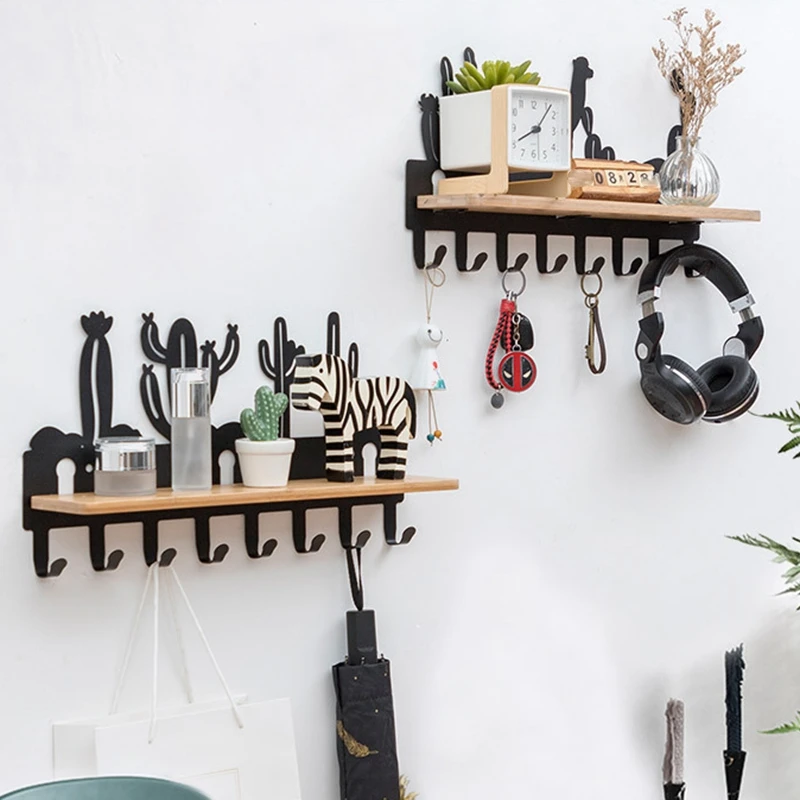 Iron Wood Multifunctional Storage Rack Wall Mounted Hanger Coat Hat Rack Key Hook Bathroom Shelf Storage Rack 8 Hooks Home Decor
