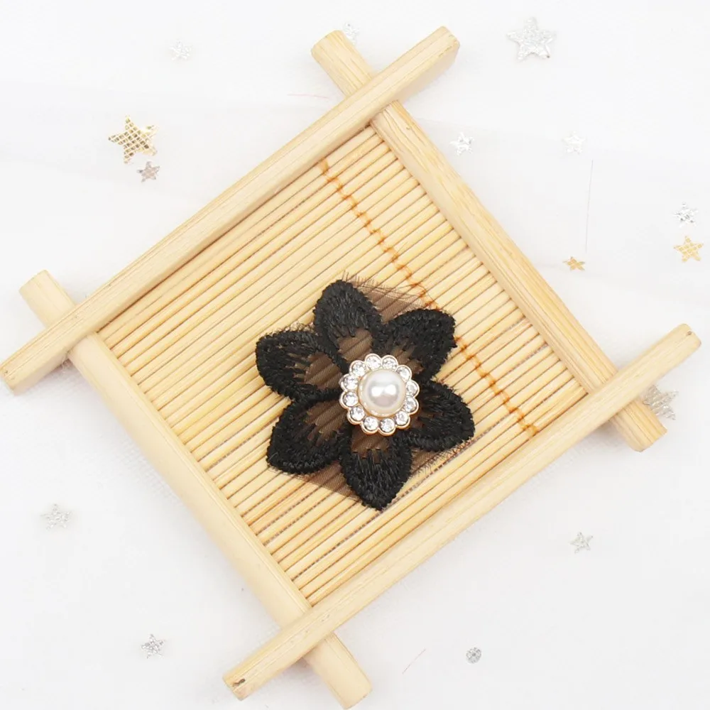 pearl 030 black Cheer Bows 10pcs/bag Lace Flowers Patches Pearl Rhinestone Accessories DIY Headwear Accessories Dress Decor Supplies - Цвет: pearl 030 black