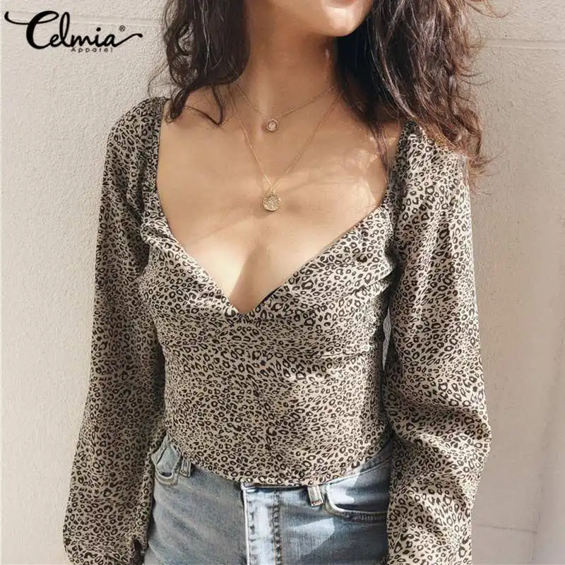 

Celmia 2020 Women Sexy Leopard Blouse Chiffon Puff Long Sleeve Tops Deep V Neck Tops Casual Office Shirt Female Blusas Feminina