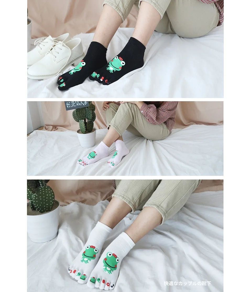 bamboo socks for women VERIDICAL Cute Ankle Five Finger Socks Woman Cotton Frog Printing Fashion Harajuku Girl No Show Socks With Toes Novelty EU 36-39 nike socks women