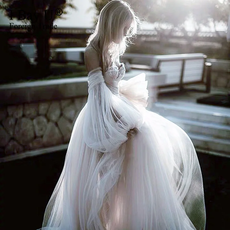 Beige Boho Trouwjurk Puffy Mouwen 2020 Sexy Off Shoulder EEN Lijn Bruid Jurken vestido de casamento Tulle Bruidsjurken Beige Boho Trouwjurk Puffy Mouwen 2020 Sexy Off Shoulder EEN Lijn Bruid Jurken vestido de casamento Tulle Bruidsjurken