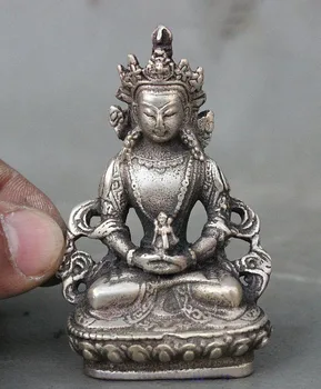 

Tibet Buddhism Fane Silver Amitayus longevity God Goddess Buddha Statue Figurine