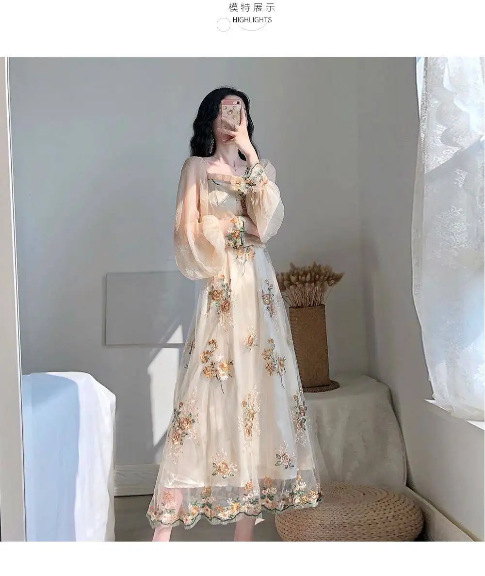 Женское кружевное платье, Весна и зима, вышивка, завышенная талия, а-силуэт, до середины икры, кружевные женские платья