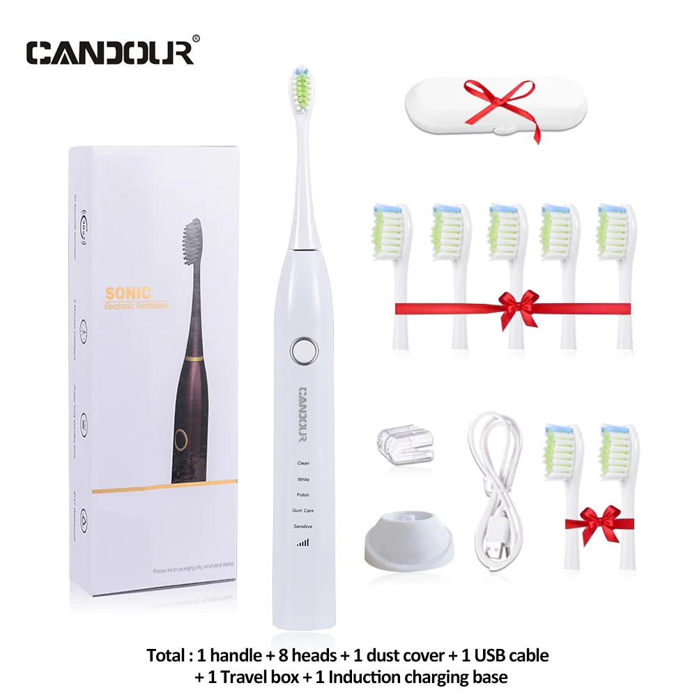 thumbnail image 1 of Cepillo de dientes eléctrico sónico CANDOUR CD5168, cepillo para adultos con temporizador, 5 modos, cargador USB, cepillos de dientes recargables, juego de cabezales de repuesto, 1 of 5
