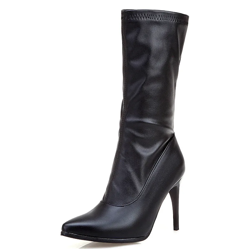 Details about   Sexy Ladies Stretchy Stilettos Heel Pointy Toe Zip Up Mid Calf Boots 45/46/47 D 