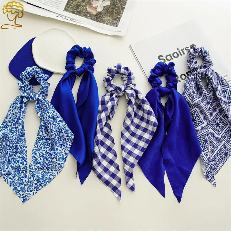 Thời Trang Retro Nơ Xanh Scrunchies Tóc Nơ Nữ Đuôi Ngựa Khăn Ngọt Thun Tóc Bé Gái Dây Buộc Tóc Phụ Kiện Tóc
