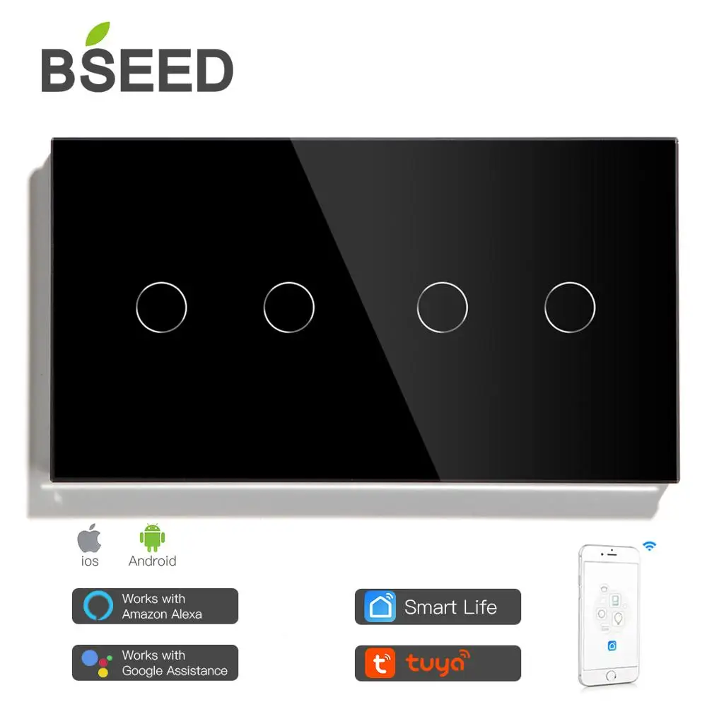 Bseed wi fi interruptores de luz dupla inteligente sensor toque interruptores de parede google alexa vida inteligente app controle 4gang interruptor de toque inteligente