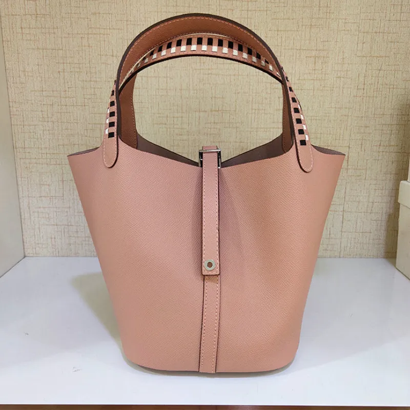 Leather Handbag Joker Color Matching Large Capacity Basket Package Cowhide Leather Bucket Litchi Grain Bucket Female Bag