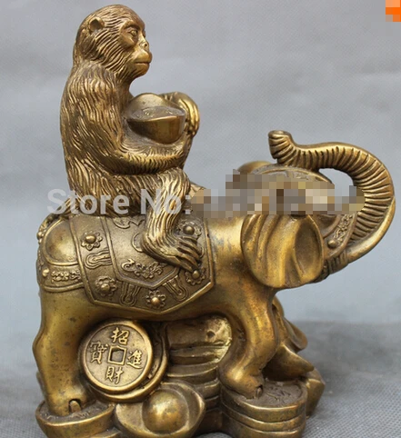 ++++ free shipping Folk Chinese Brass Monkey Ride JiXiang Elephant On Wealth YuanBao Coin Statue | Дом и сад