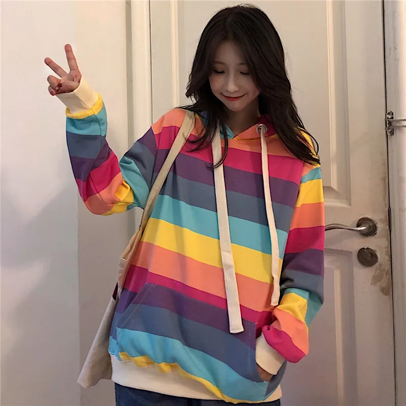 1 Kawaii Радужная полосатая толстовка с капюшоном и длинными рукавами Женская Корейская ins Harajuku винтажная свободная модная Женская толстовка - Цвет: 1