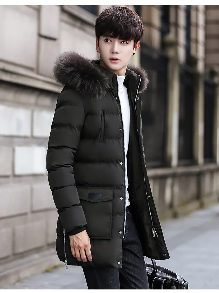 Men Winter New Style Solid Color Cotton Coat Warm Hooded Hair Stand Collar Korean-style Fashion Cotton-padded Clothes Versatile
