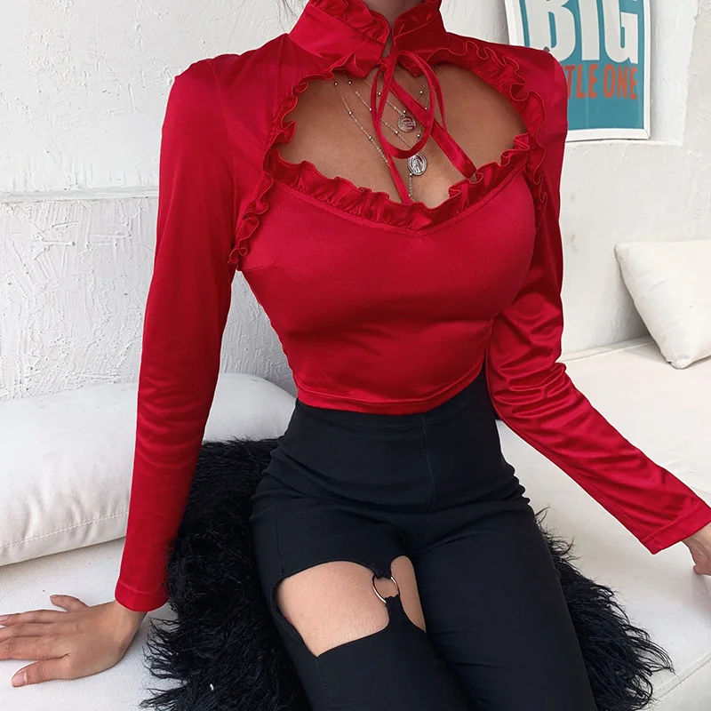 WannaThis Satin Front Hollow Out Women Blouse Cropped Mock Neck Bow Lace up Long Sleeve Fall Slik Ruffles Slim Elegant Women Top