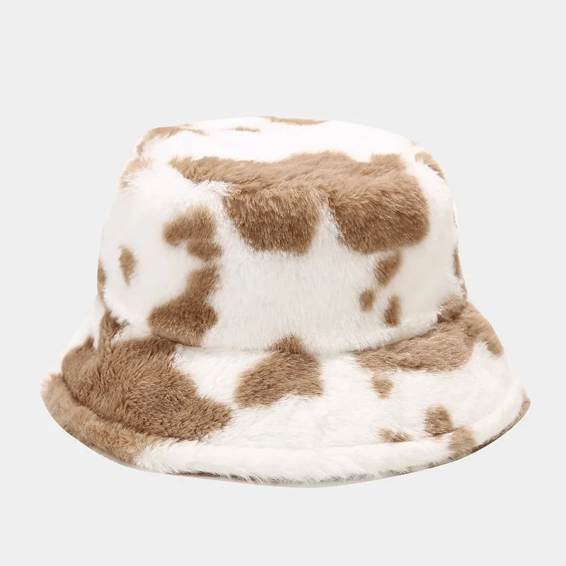 hat bucket Winter Cow Print Plush Bucket Hats for Women Soft Velvet Fisherman Cap Lady Tourism Outdoor Warm Hat Fashion Flat Top Hats pink fur bucket hat