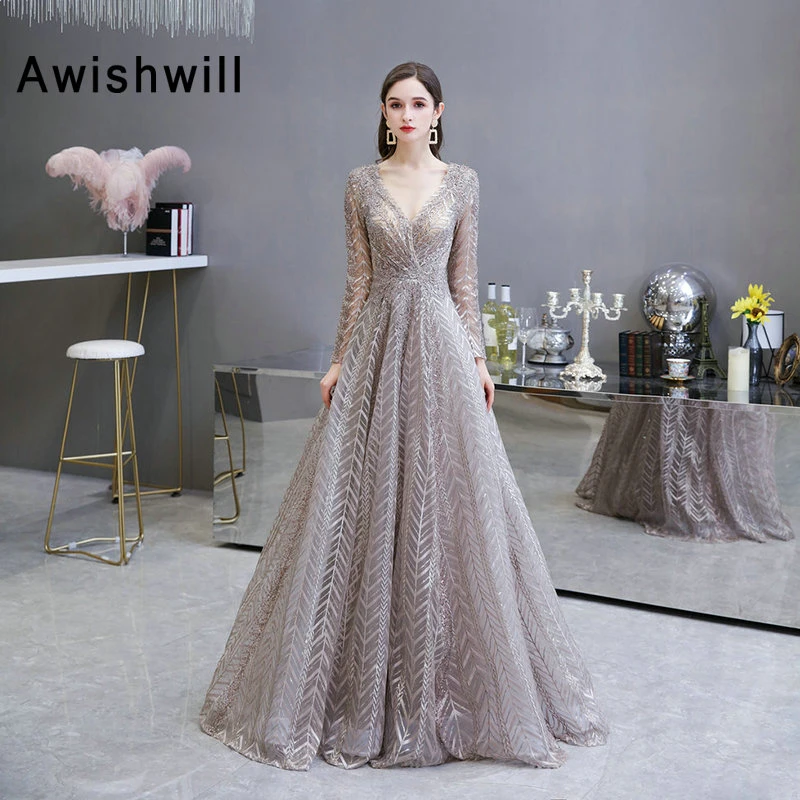 pink prom dress Gorgeous V-neck Long Sleeve Evening Gowns Women A-line Floor Length V-neck Beaded Lace Prom Dress Party Dress plus size prom dresses