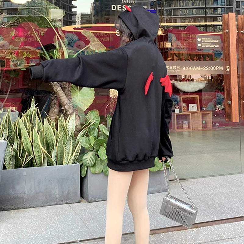 Черный Harajuku женские толстовки с капюшоном осень в стиле готик-панк; дьявольские крылья свободный осенний пуловер; Верхняя теплая Повседневное Толстовка