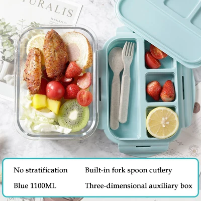 Корейский стиль Ланч-бокс для детей стеклянный микроволновый Bento box контейнер для еды и отсек для хранения школы герметичный кухонный с подогревом - Цвет: D2.Blue 1100ML