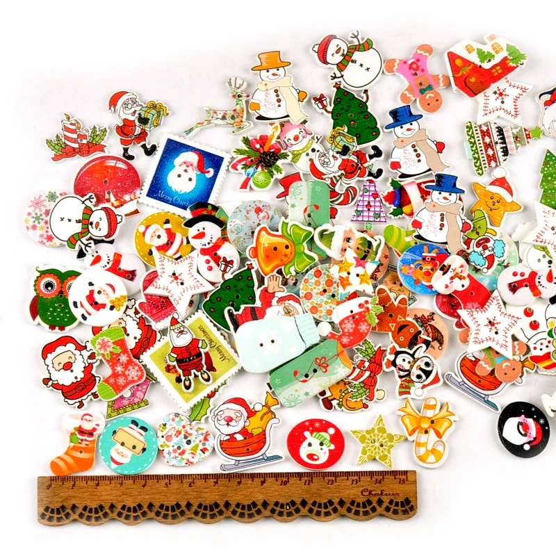 50pcs Random Mixed Wooden Button Christmas Pattern Scrapbook Decorative Buttons For Cloth Decoration Sewing Supplies