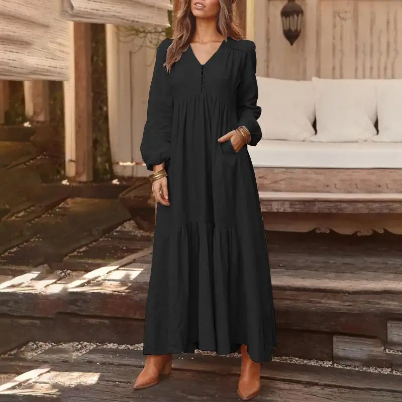 ZANZEA, Длинное Макси платье, женские винтажные шикарные платья, осень, богемное свободное платье, повседневное свободное платье с карманами, женское платье размера плюс - Цвет: Черный