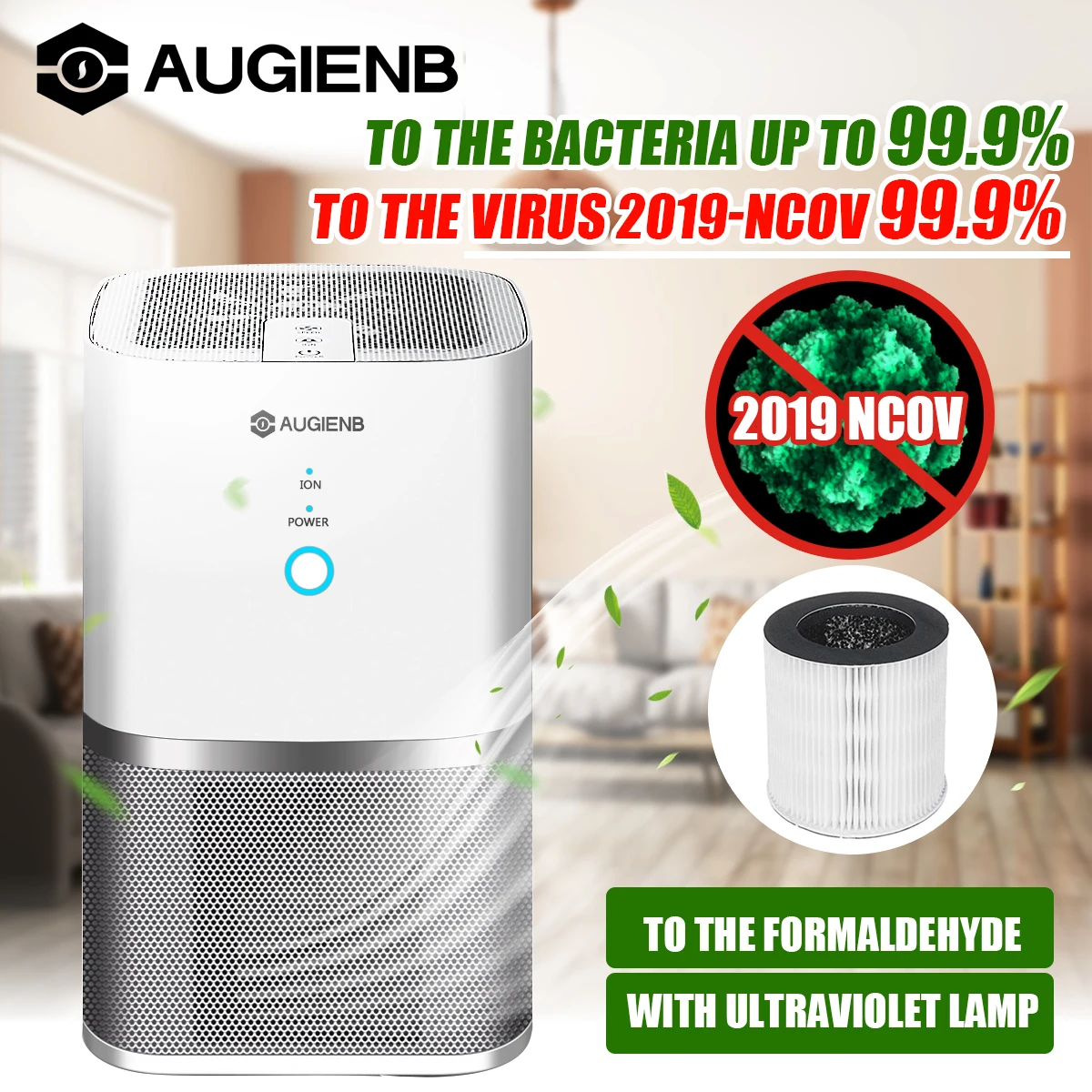 

AUGIENB Air Purifier ionizer True Hepa Filter, Odor Allergies Eliminator for Smokers, Dust, Mold, Formaldehyde Home Pets Cleaner