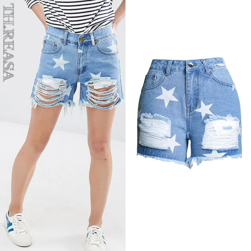 new-fashionable-women-individual-hole-jeans-shorts-star-print-burr-trend-street-shooting-denim-shorts