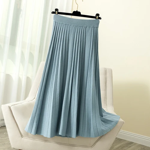 Синий Autumn Winter Cashmere Blend Candy Pleated Long Knitted Skirts Solid Pink/Blue/Green Sweet A-line Pleated Mid Calf Knit Skirts - Цвет: Синий