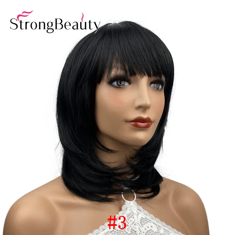 strongbeauty cabelo de comprimento médio em linha reta perucas femininas com puro bang sintético natural sem tampa