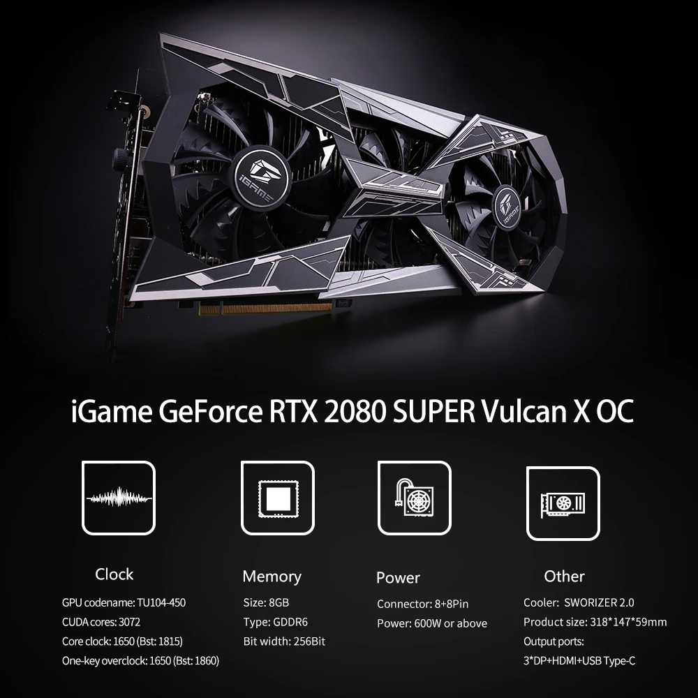 Цветной iGame GeForce RTX 2080 Super Vulcan X OC GDDR6 8G графическая карта GPU один ключ Overclock RGB ЖК-монитор 2,0