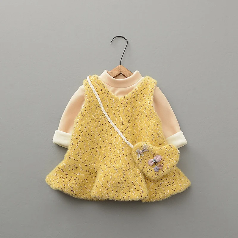 

Autumn Winter Children Baby Kids Girls Infants Clothes Set Velvet Pullover Sweatshirts Tops+Vest Tank-Dress+Bag 3pcs Suits S9865