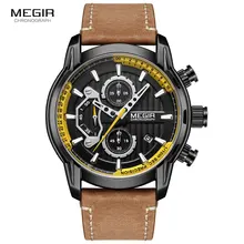 MEGIR коричневые кожаные повседневные часы мужские Роскошные Кварцевые часы с хронографом мужские военные спортивные водонепроницаемые светящиеся наручные часы 2104