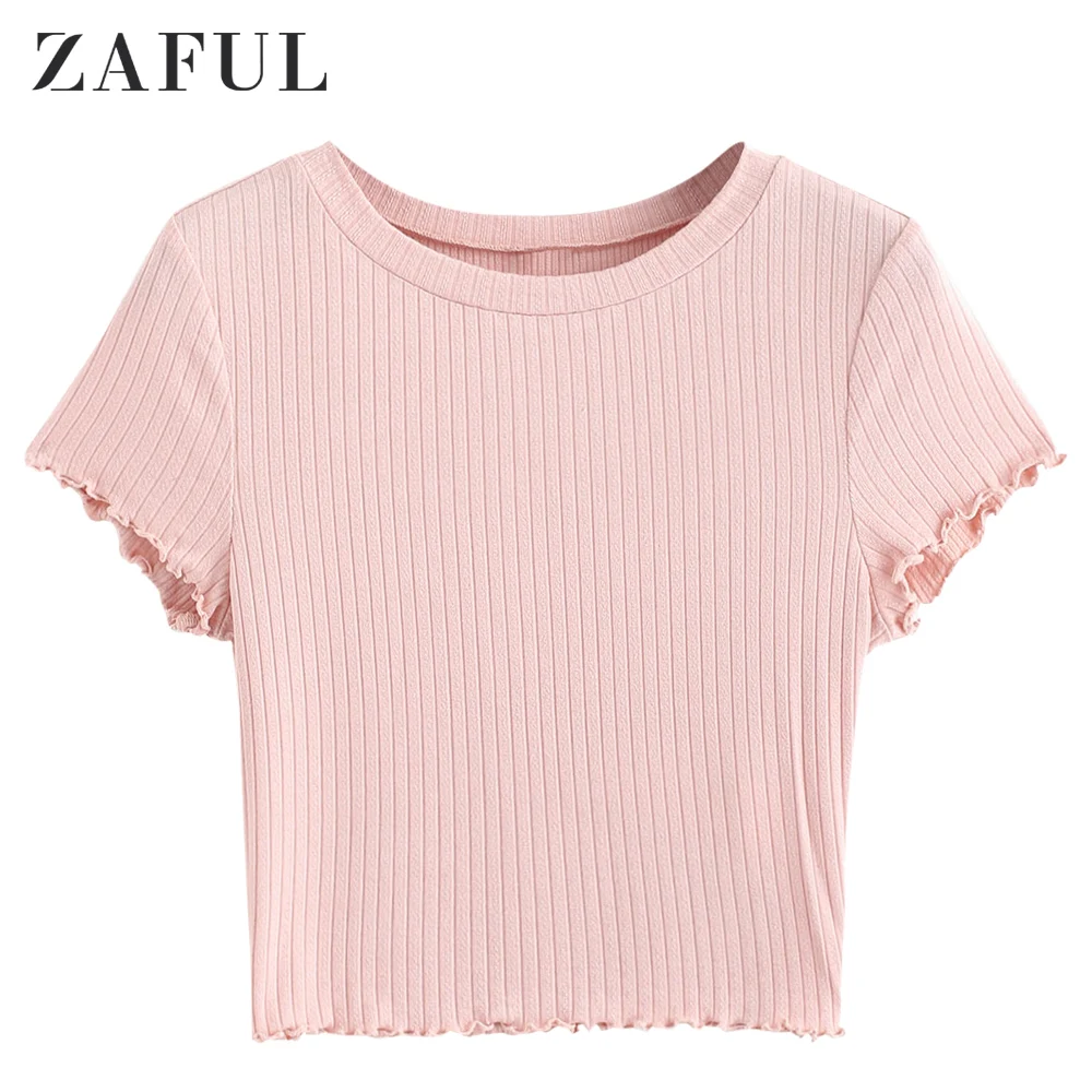 

ZAFUL Lettuce Trim Ribbed Knit Cropped Tee Women Ruffled Trimmings Sexy Crop Top Soft Sweaters Shirt Short Sleeve Basic Shirts