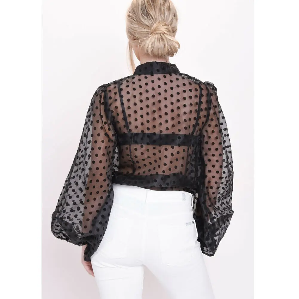 Women Polka Dot Retro Blouse Lady Early Autumn Modern Mesh Shirt Vogue See-through Loose Button Puff Sleeve Blouse High Street Women Polka Dot Retro Blouse Lady Early Autumn Modern Mesh Shirt Vogue See-through Loose Button Puff Sleeve Blouse High Street